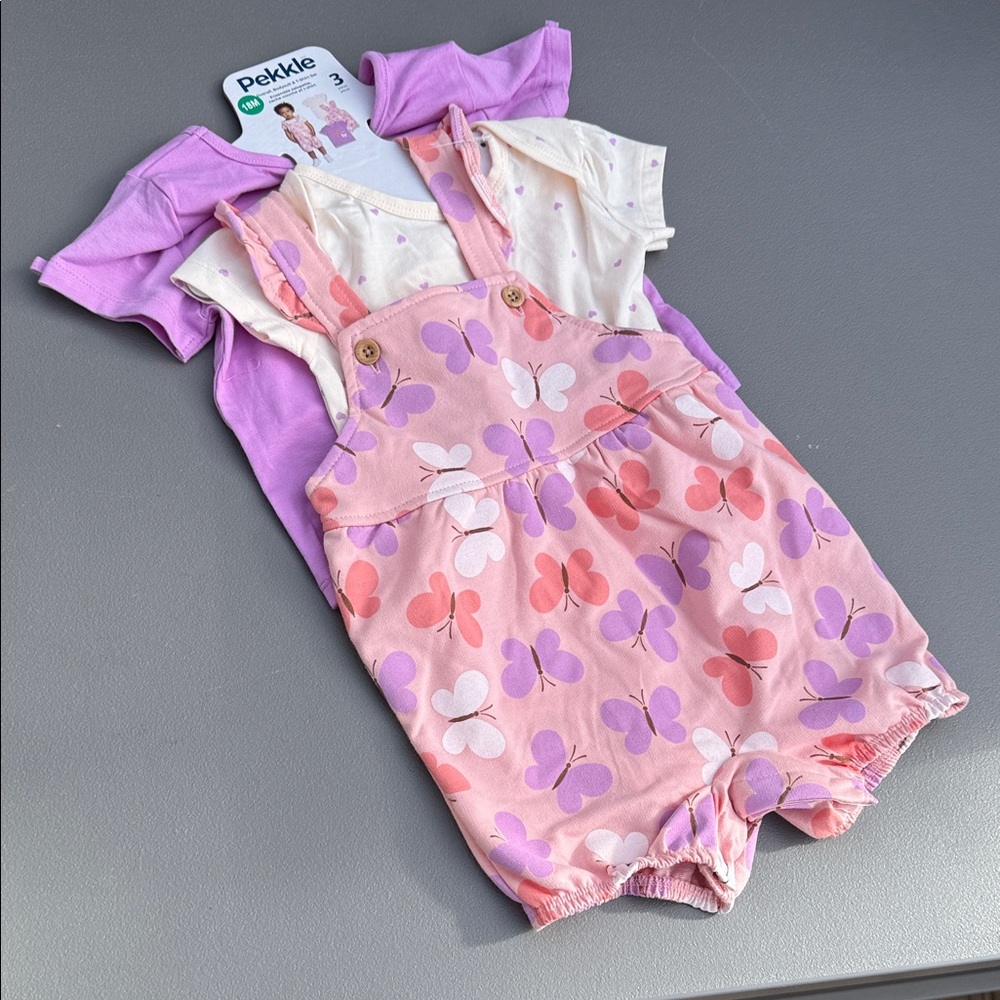 🍄18m Pekkle Pink and Purple Butterfly Baby Romper Set organic cotton NWT